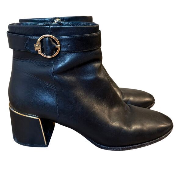Tory Burch Sophia Ankle Boots Leather Heel Gold Logo Buckle Black Size 10.5 - Picture 1 of 12
